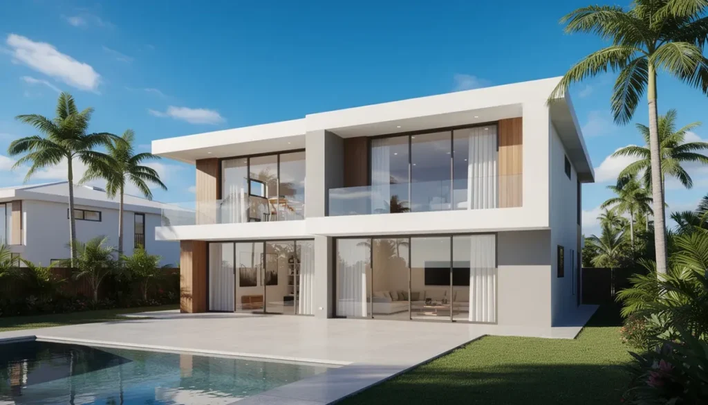 A Modern Two-Storey Custom Home Featuring Clean Lines And Large Windows Is Surrounded By Palm Trees Under A Clear Blue Sky On The Gold Coast. This Stylish Residence Represents A Significant Milestone In The House Building Process, Showcasing Exceptional Quality And Innovative House Designs.