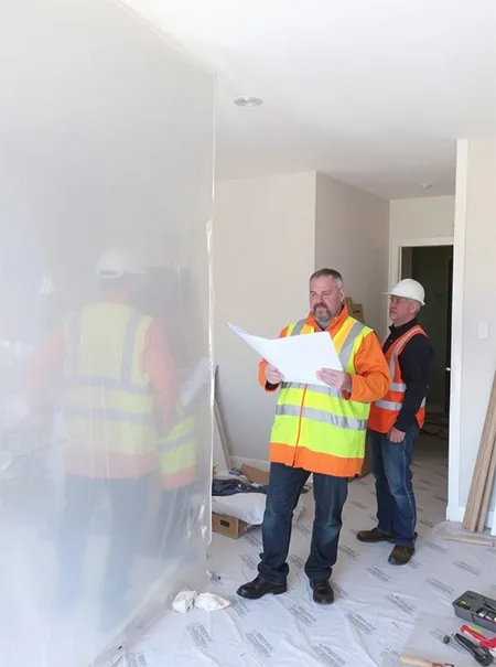 Customer Inspecting Dust Shield With Renovation Plans