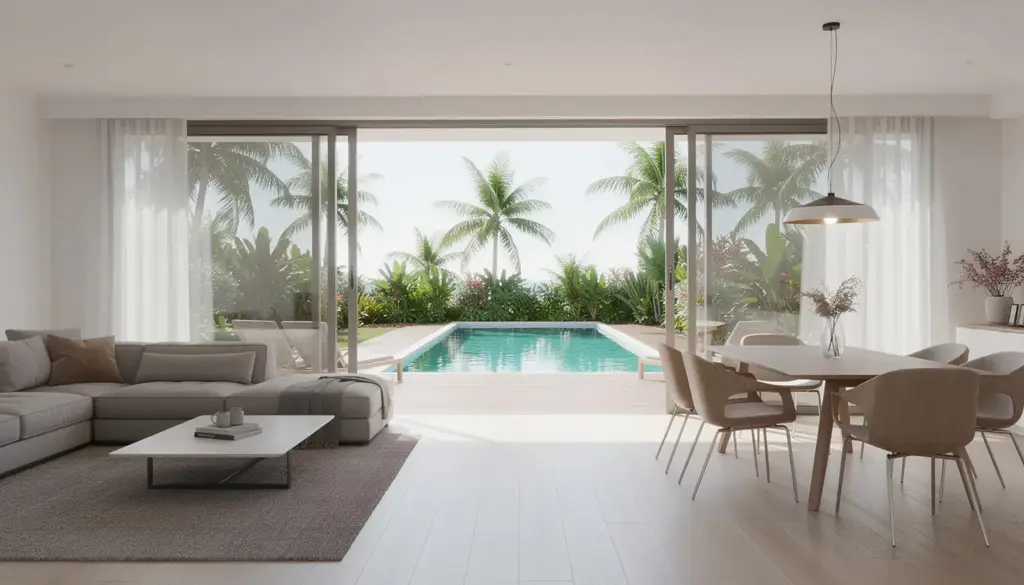 The Image Depicts An Open Plan Living And Dining Area Featuring Large Glass Sliding Doors That Lead To An Outdoor Deck, Complete With A Pool And Surrounded By Palm Trees, Creating A Perfect Space For Relaxation And Entertaining In A Dream Home. This Modern Design Reflects The Exceptional Quality And Style That Australian Families Seek In Their New Homes.